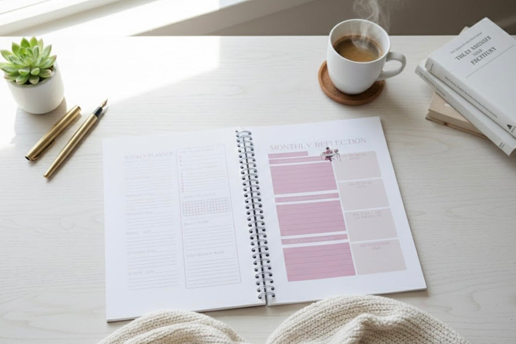 Open planner on a desk with a cup of coffee, pen, and plant