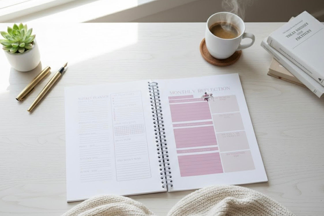 Open planner on a desk with a cup of coffee, pen, and plant