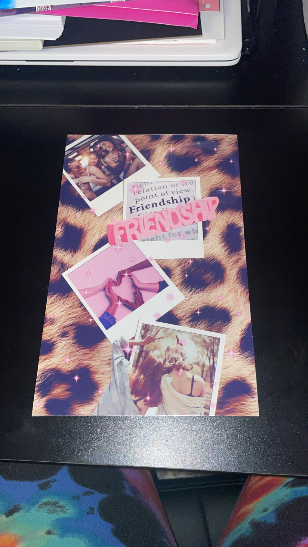 Collage of photos with 'Friendship' text on a leopard print background