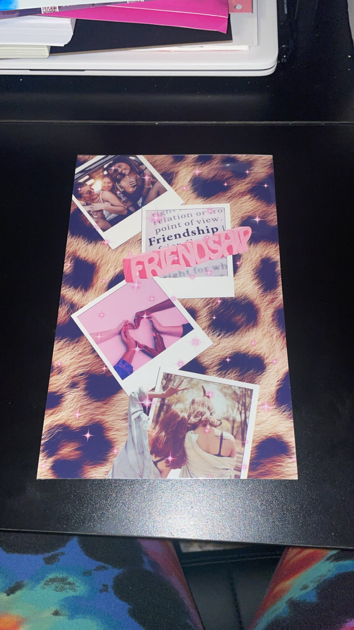 Collage of photos with 'Friendship' text on a leopard print background