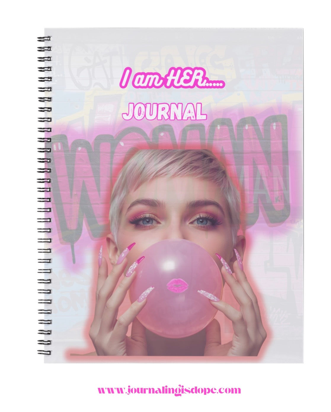 Journal with a woman blowing a bubblegum bubble on the cover, featuring the text 'I am HER' and 'Journal'.