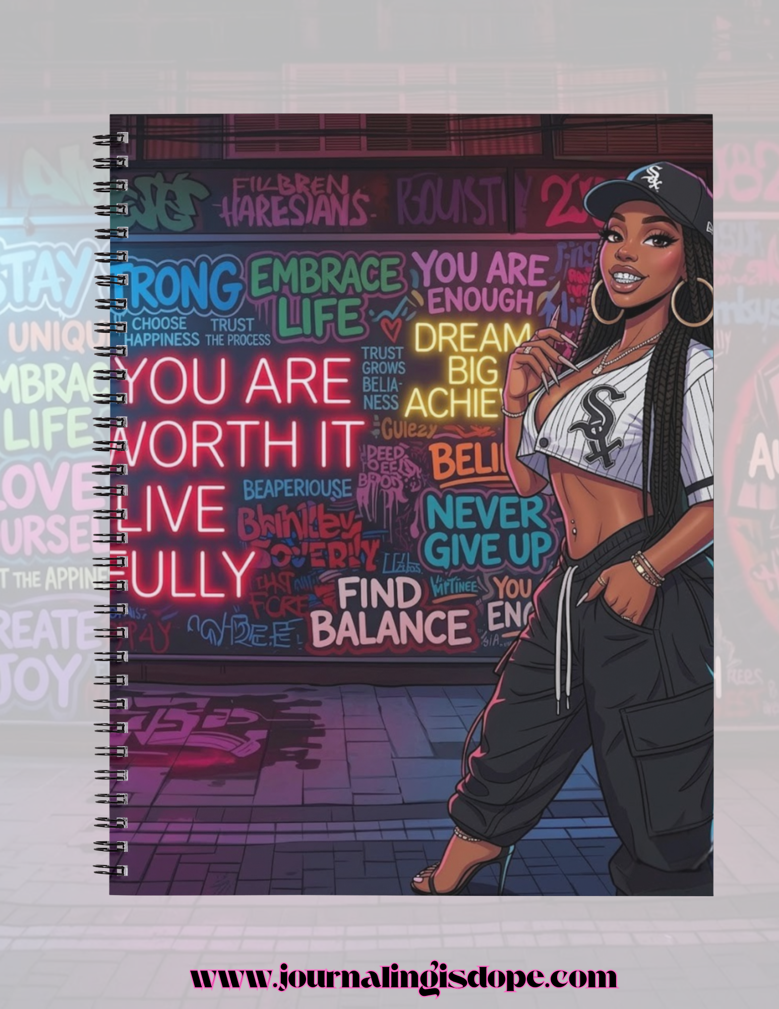 Notebook cover with an illustration of a woman and motivational phrases on a colorful background.