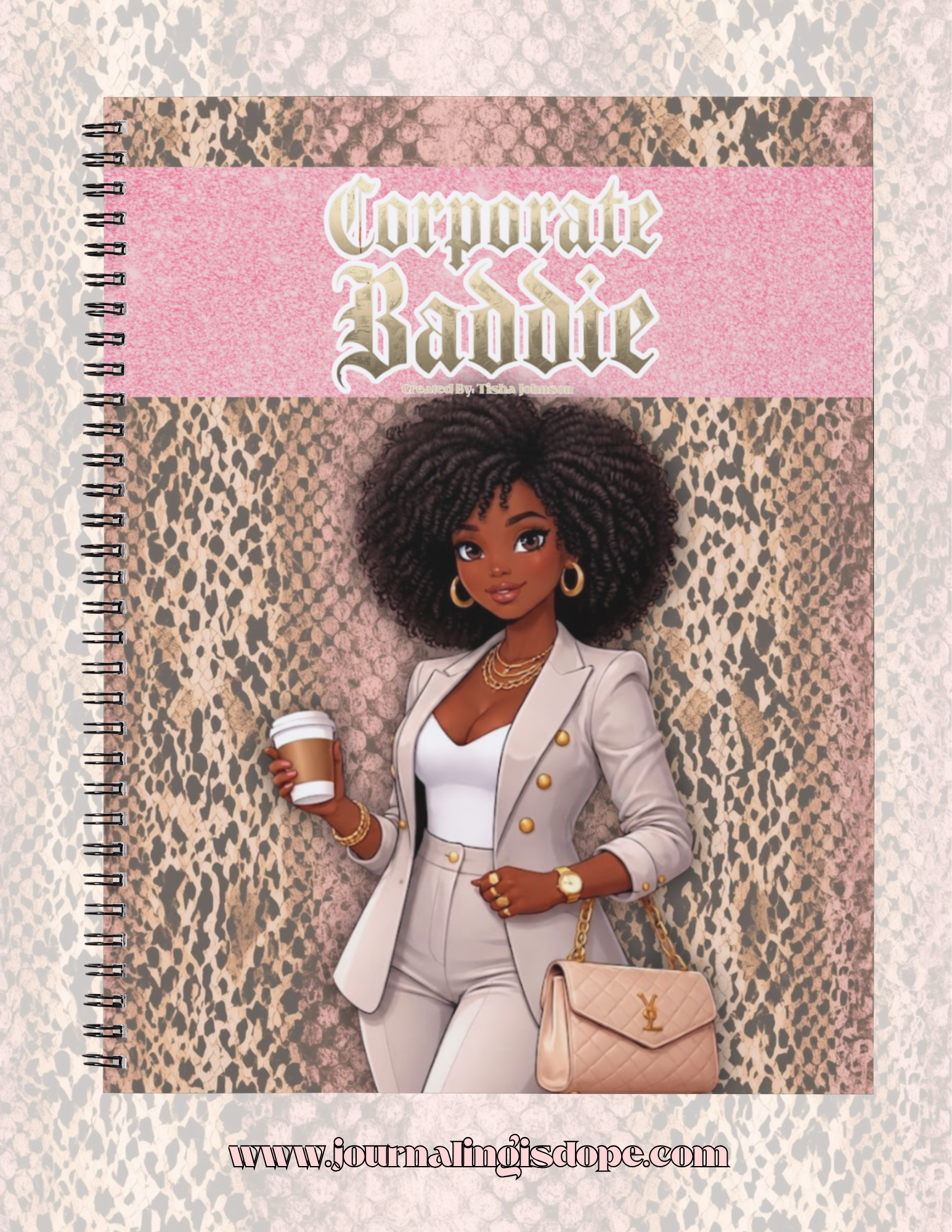 Notebook with illustration of a woman holding a coffee cup and a handbag, titled 'Corporate Baddie' on a leopard print background.