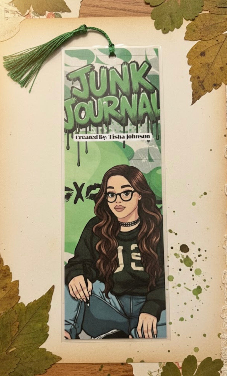 Junk Journal bookmark with a person's illustration and text on a decorative background