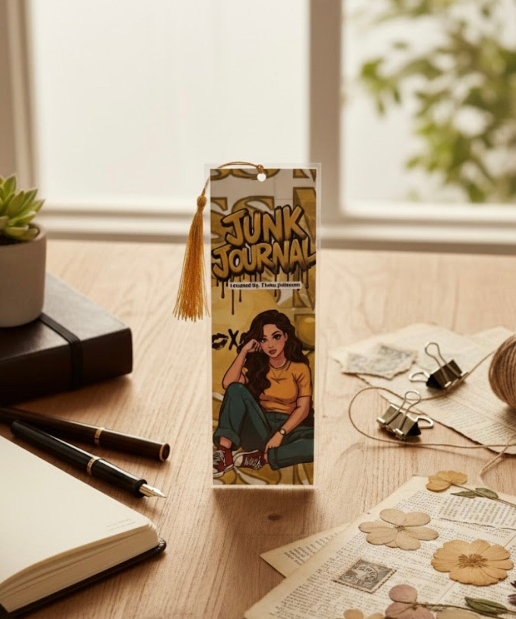 Junk Journal bookmark with tassel on a desk with stationery items