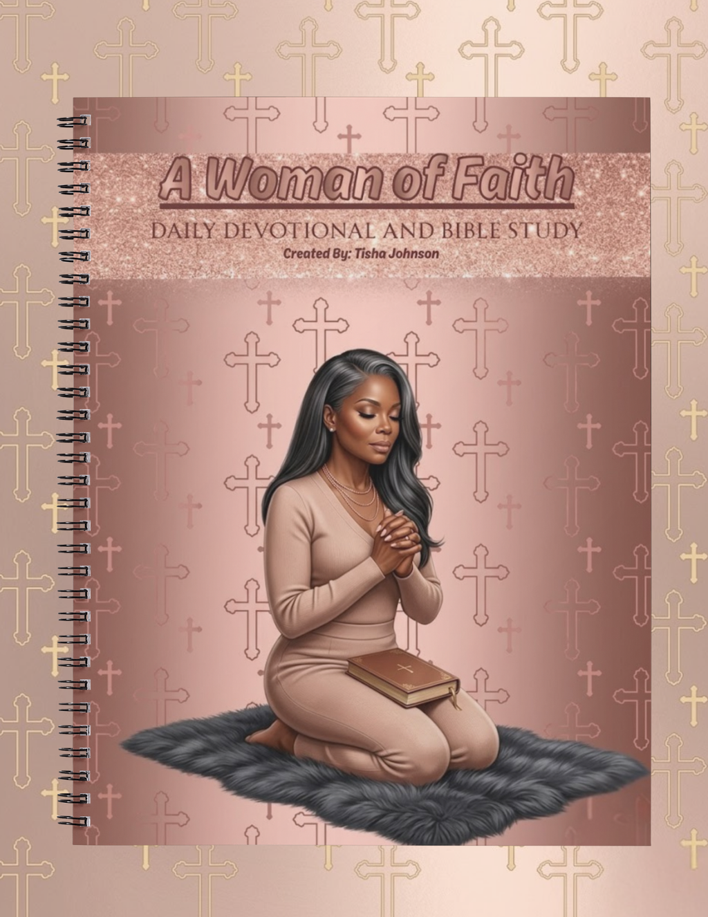 Book titled 'A Woman of Faith' with a cover illustration of a woman praying on a rug with a cross pattern.