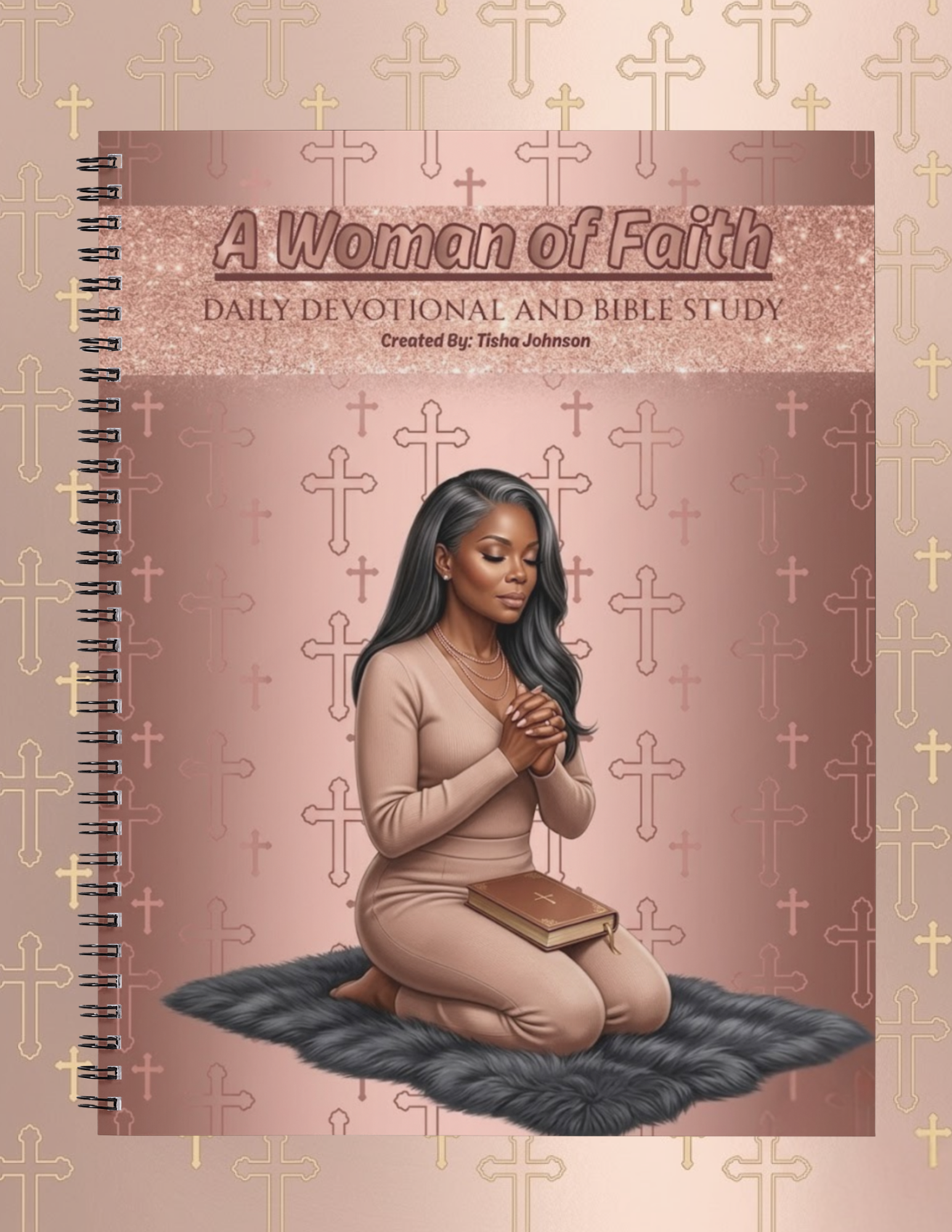 Book titled 'A Woman of Faith' with a cover illustration of a woman praying on a rug with a cross pattern.