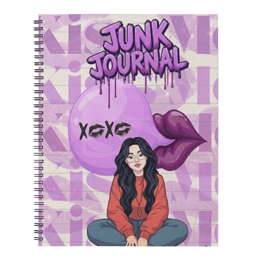 Journal with 'Junk Journal' design featuring a girl, balloon, and lips on a purple and white background.