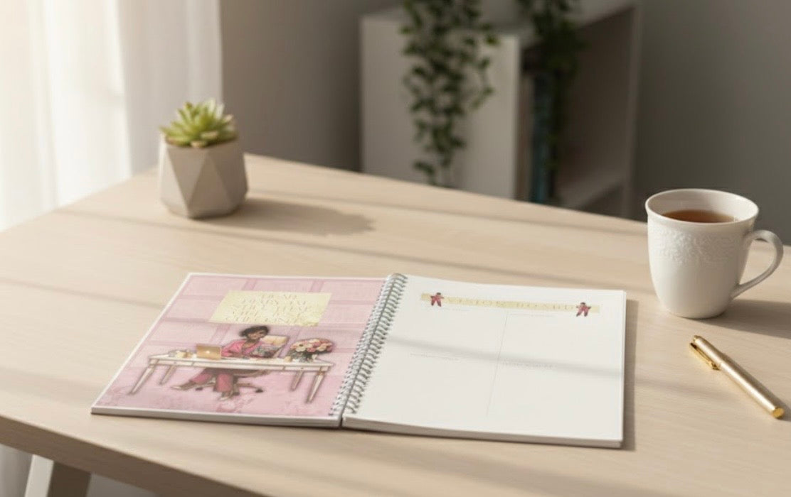 Open notebook on a wooden table with a cup of coffee and pen