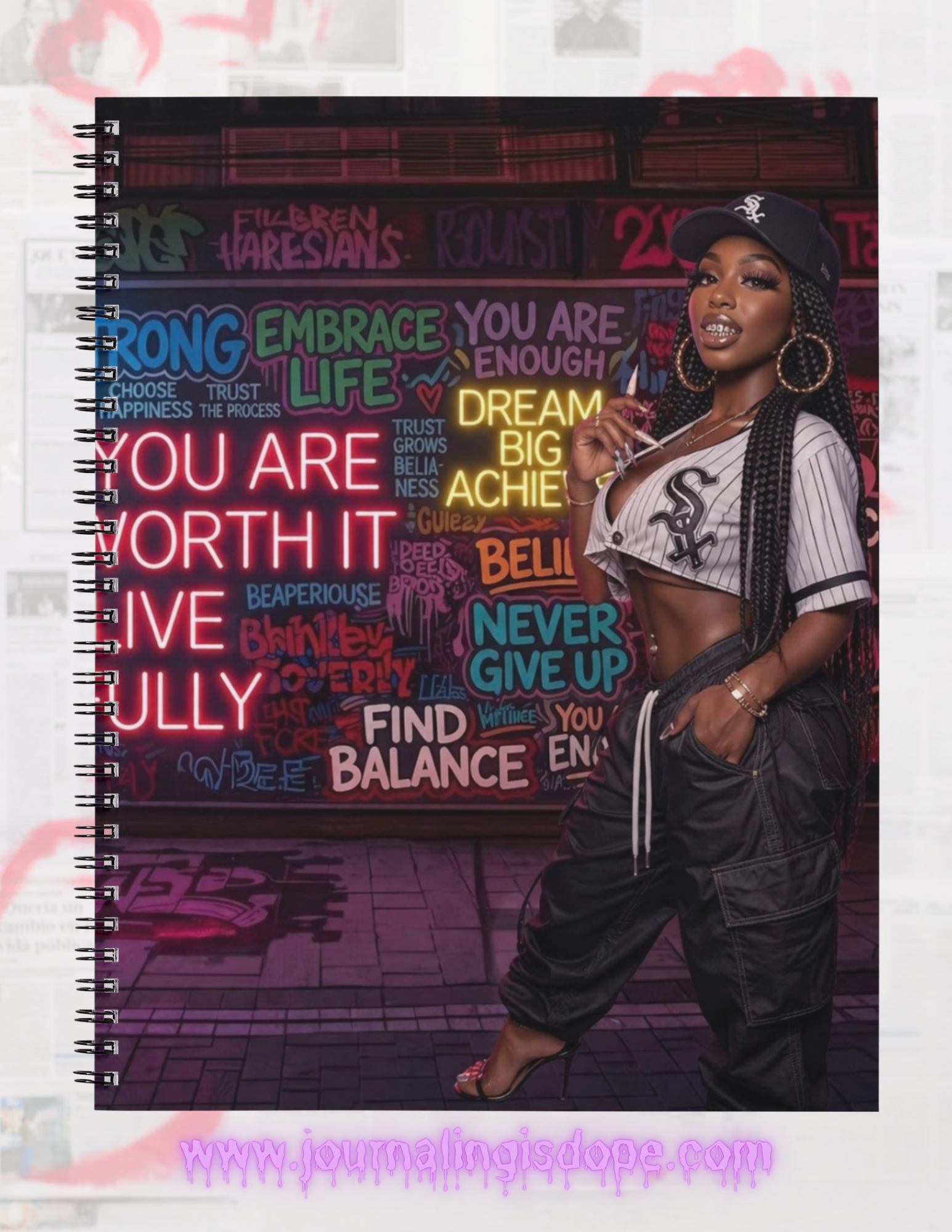 Spiral-bound notebook with a person holding a drink against a colorful background with motivational phrases.