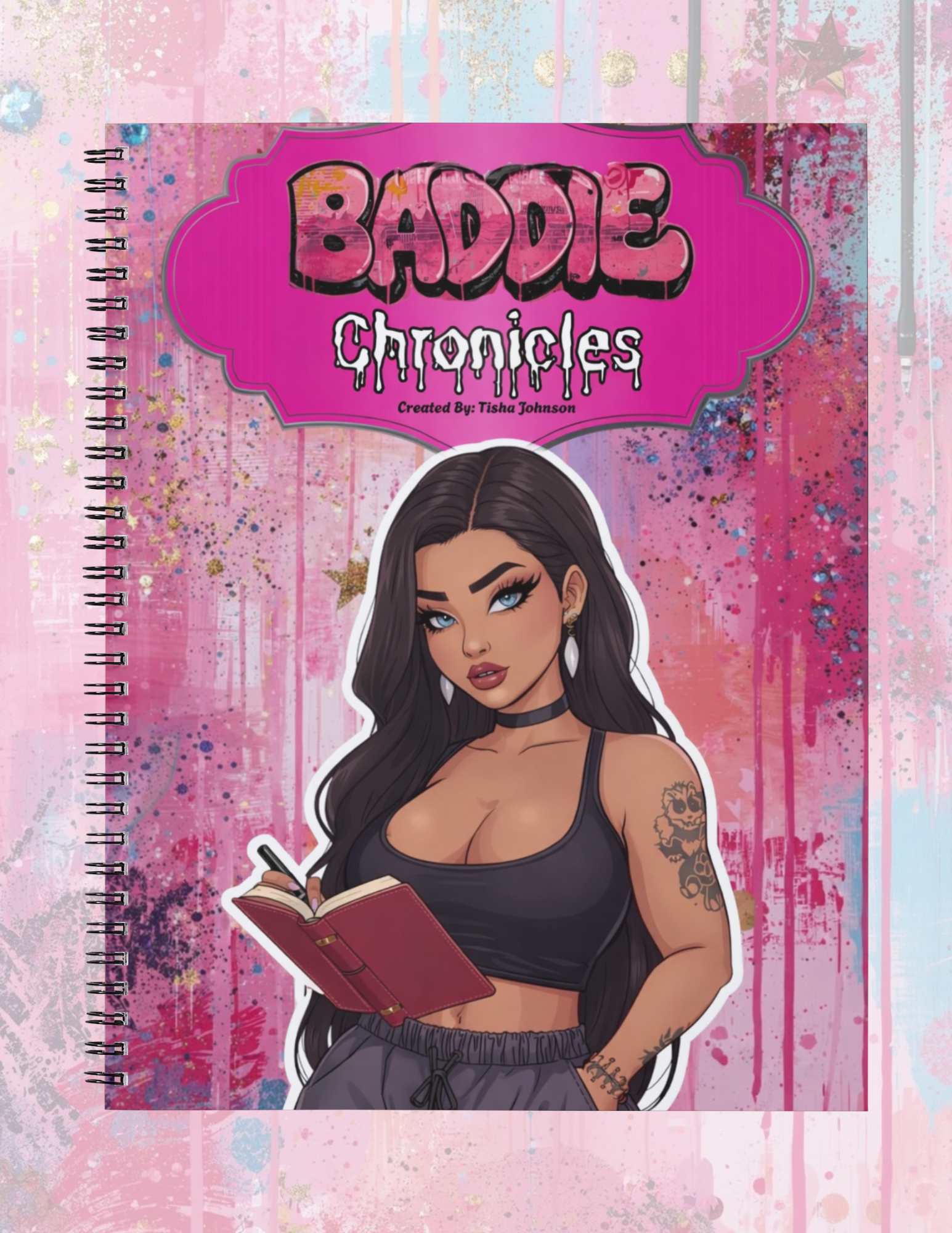 Notebook cover with an illustration of a woman holding a book, titled 'Baddie Chronicles'.
