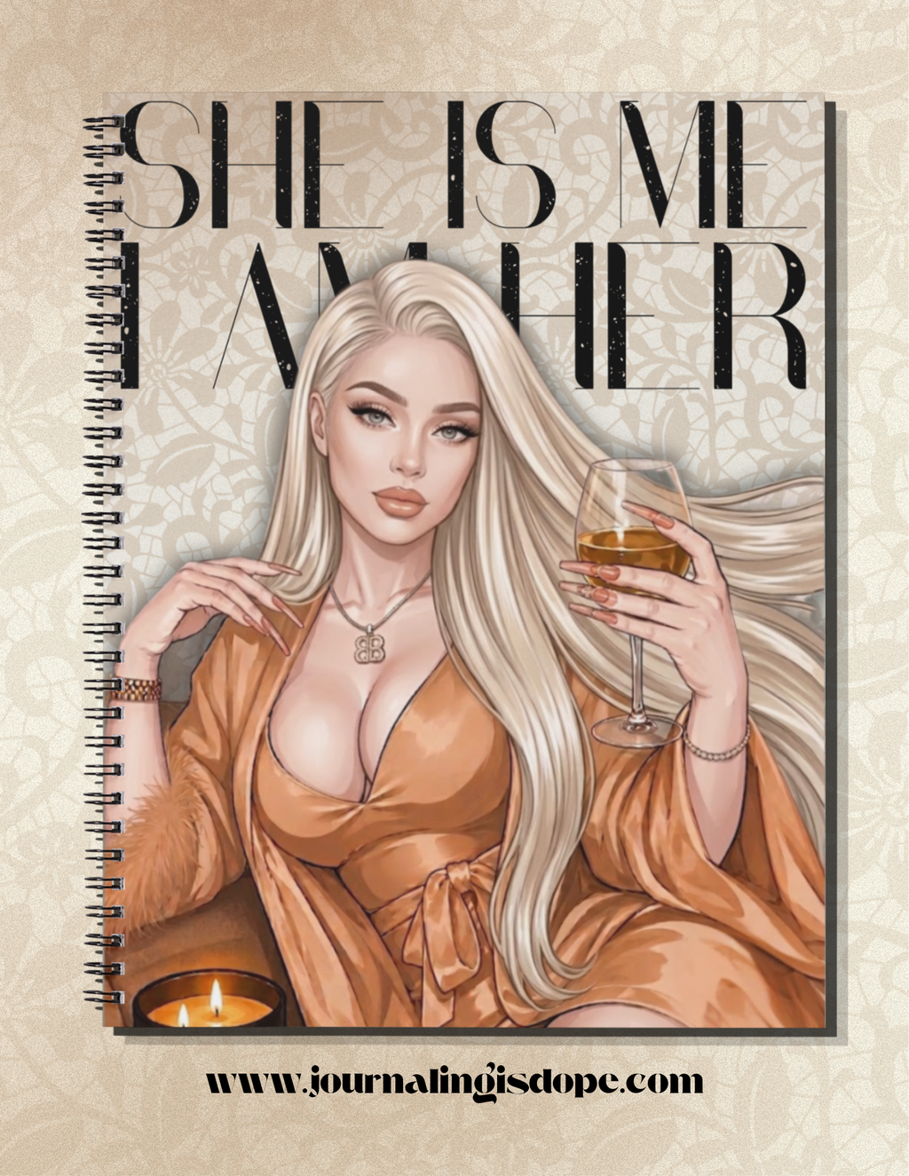 Spiral-bound notebook with a woman holding a glass of wine on the cover, text 'SHE IS ME ANOTHER' above her.