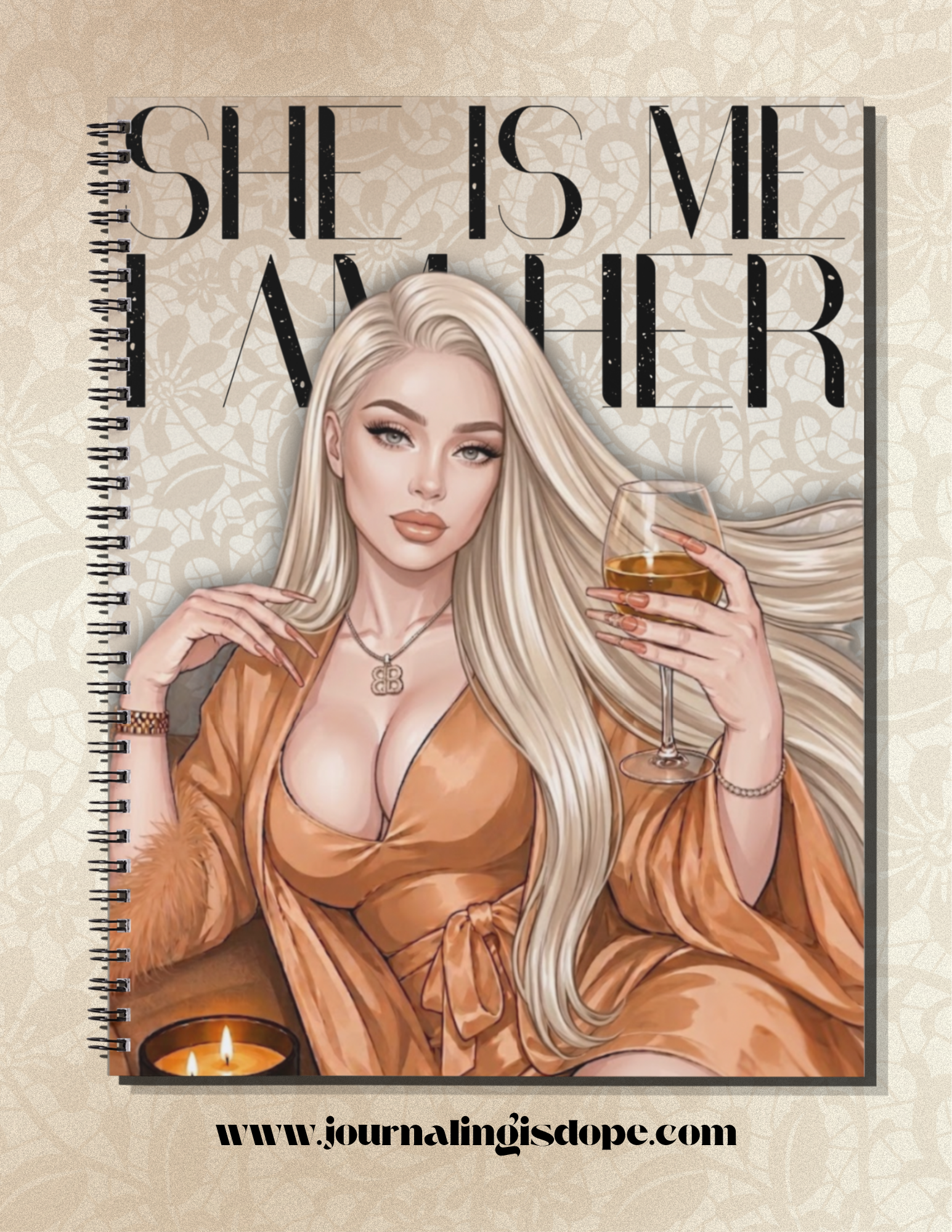 Spiral-bound notebook with a woman holding a glass of wine on the cover, text 'SHE IS ME ANOTHER' above her.