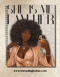 Journal cover with illustration of a woman holding a glass of wine, text 'SHE IS ME I AM HER', and website 'www.journalingisdope.