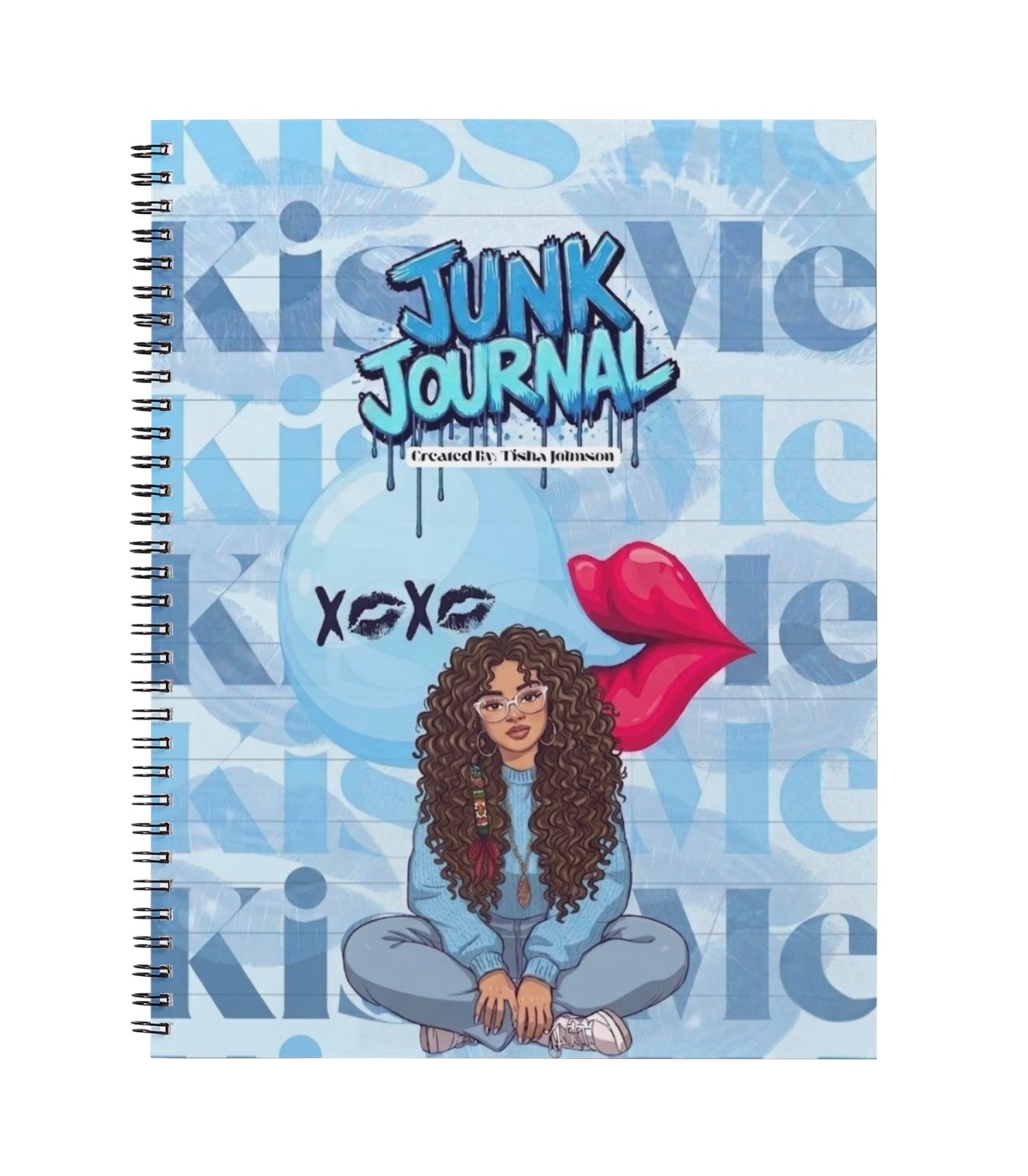 Junk Journal with a design of a person sitting cross-legged, surrounded by text and a red lip, on a blue background.