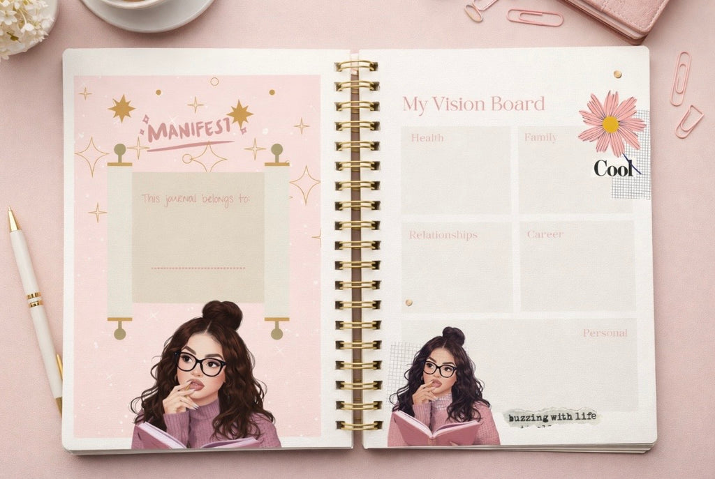 Open journal with illustrations and text on a pink background