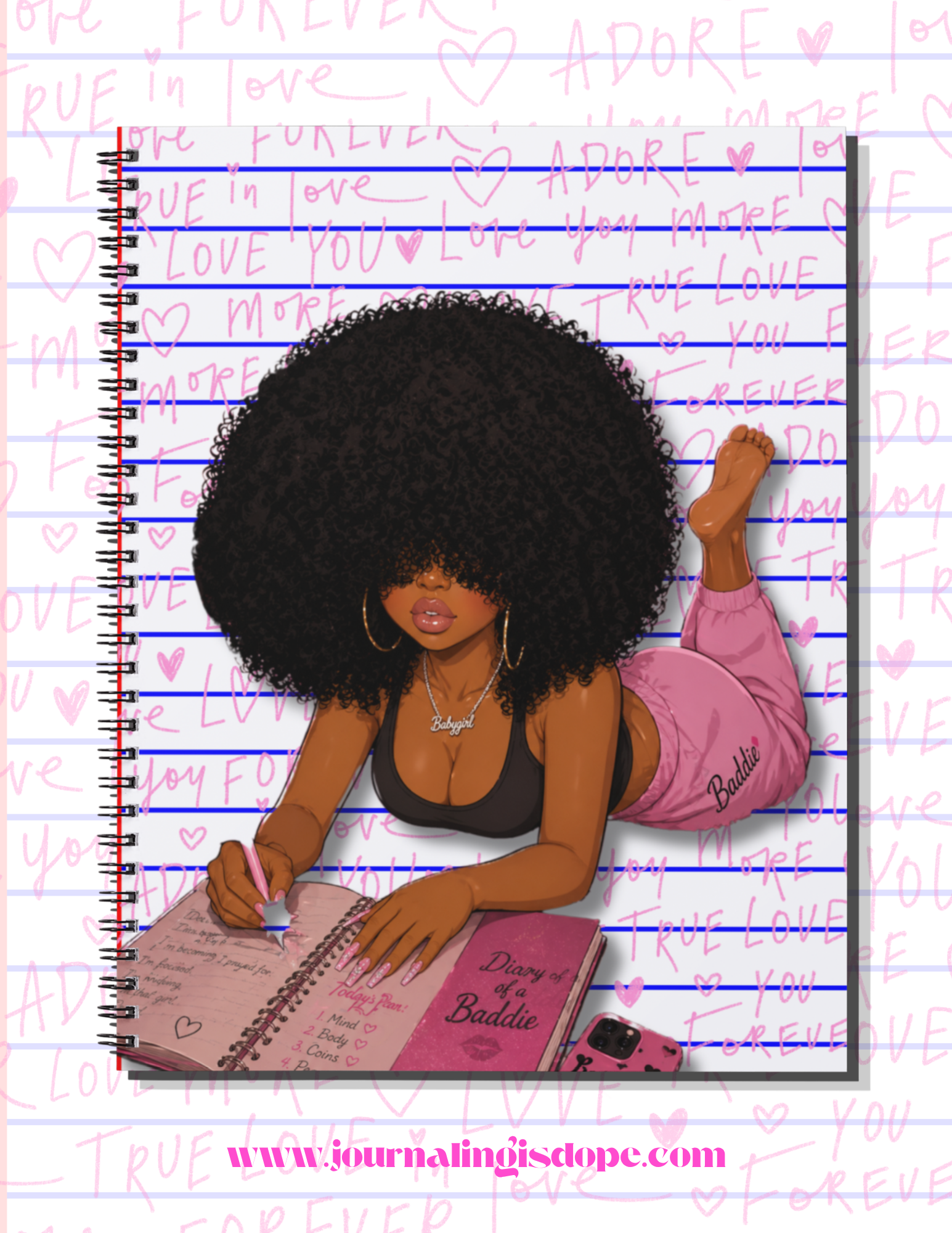 Journal with an illustration of a woman writing, on a background with 'LOVE' text.