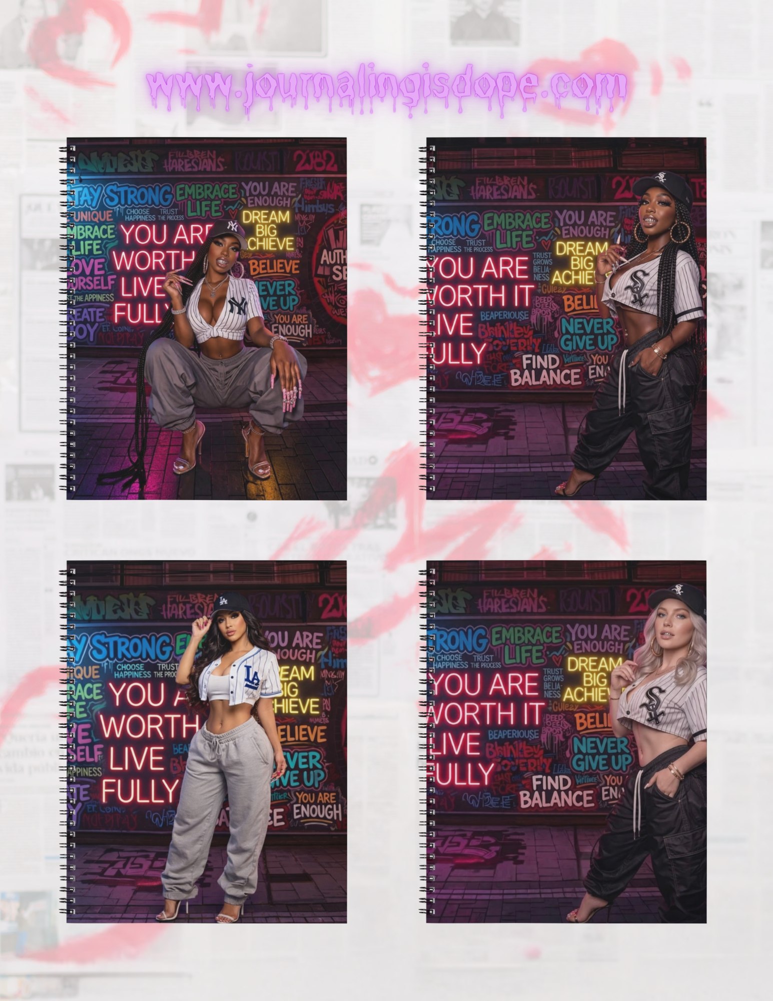 Four notebooks with poses of a person in front of a colorful motivational text wall.