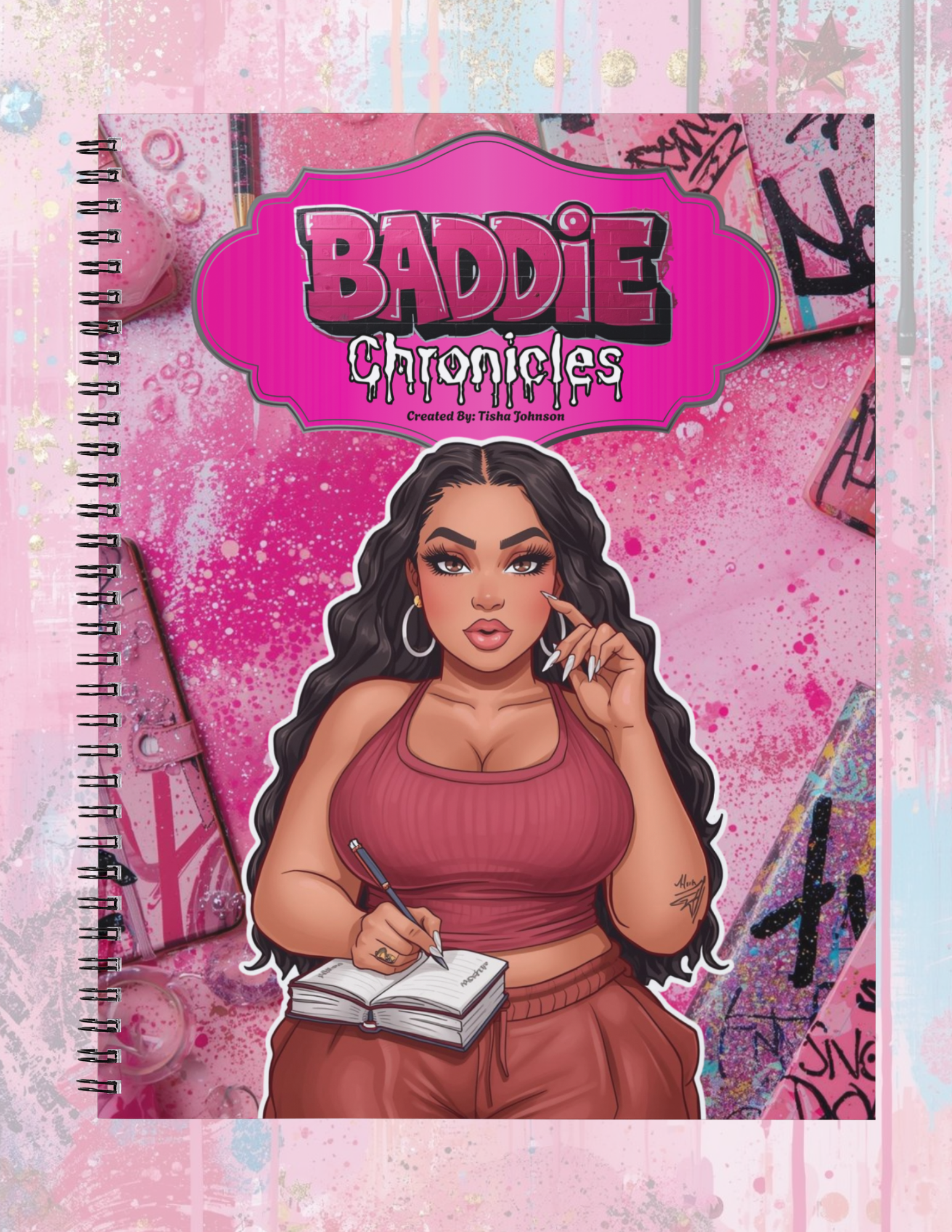 Notebook cover with 'Baddie Chronicles' title and illustration of a woman on a pink background