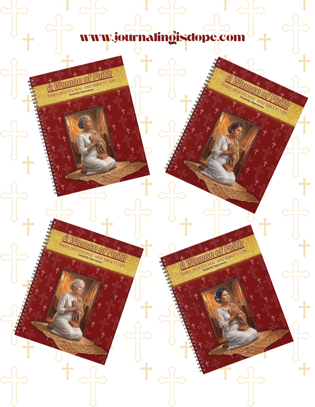 Four red spiral-bound books with a woman's portrait on the cover against a gold cross patterned background.