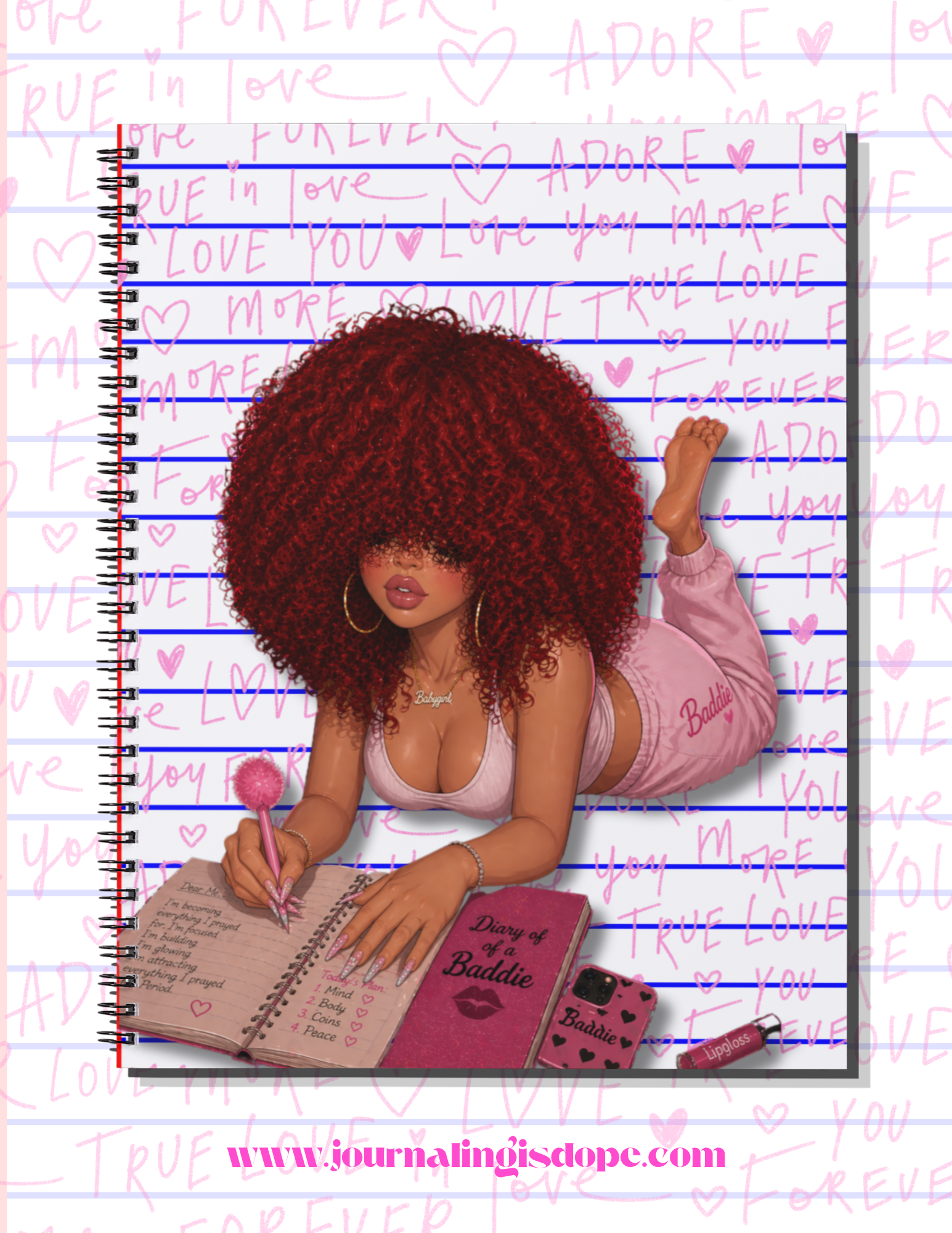 Notebook with a design of a woman with red hair lying on lined paper with love text, and a pink pen.