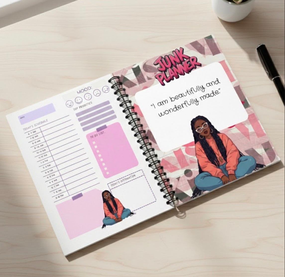 Open planner with colorful design and text on a wooden surface