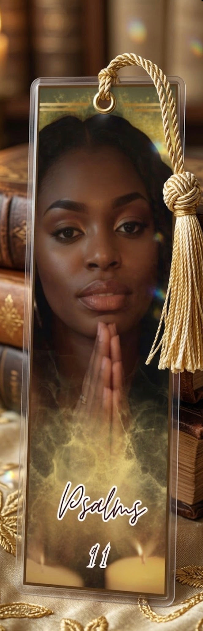 Bookmark with a woman's face and 'Psalms 11' text, surrounded by books and decorative elements.