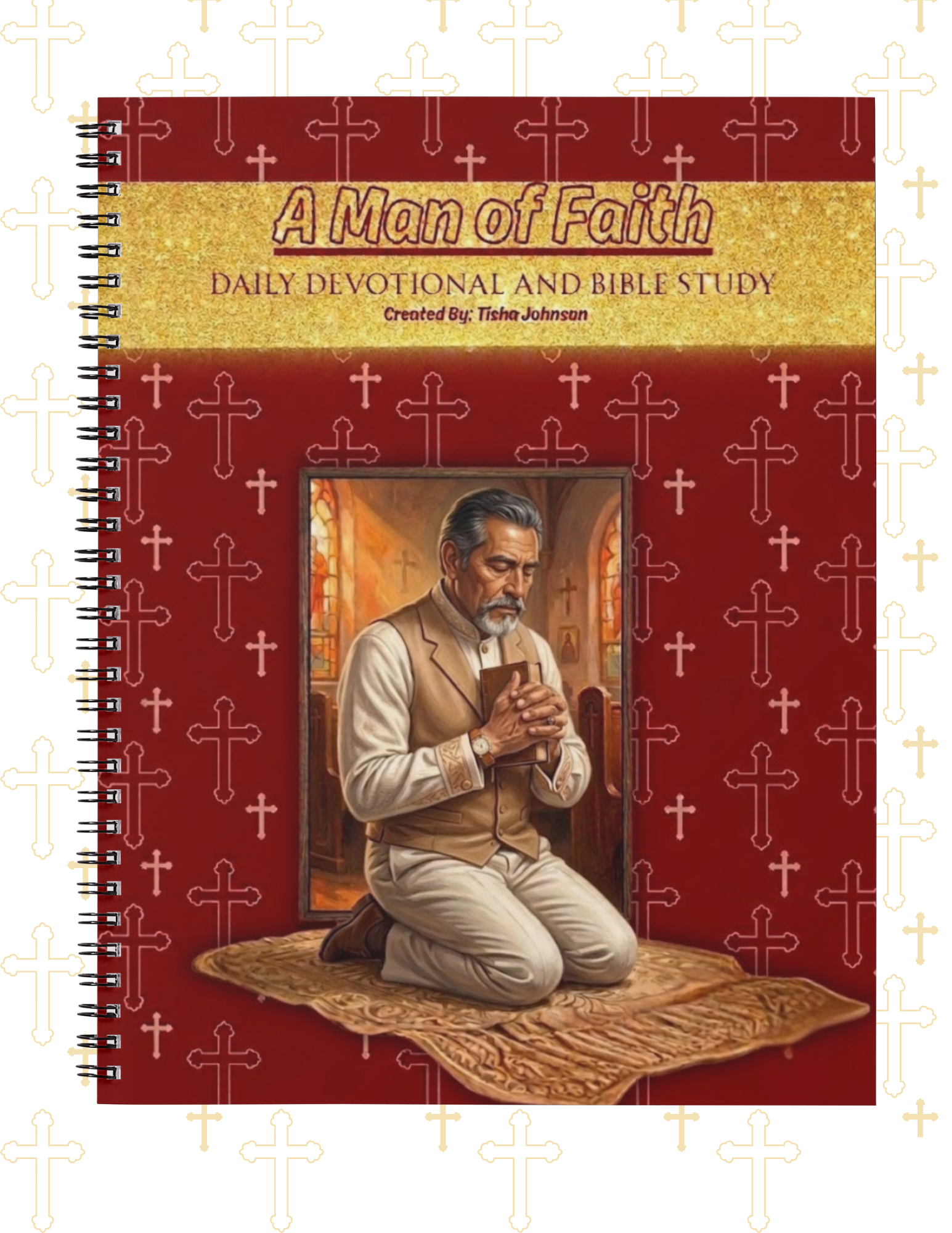 Devotional book titled 'A Man of Faith' with a man praying on the cover, featuring crosses on the design.