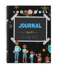 Journal with space-themed cover featuring planets, stars, and illustrations of children.