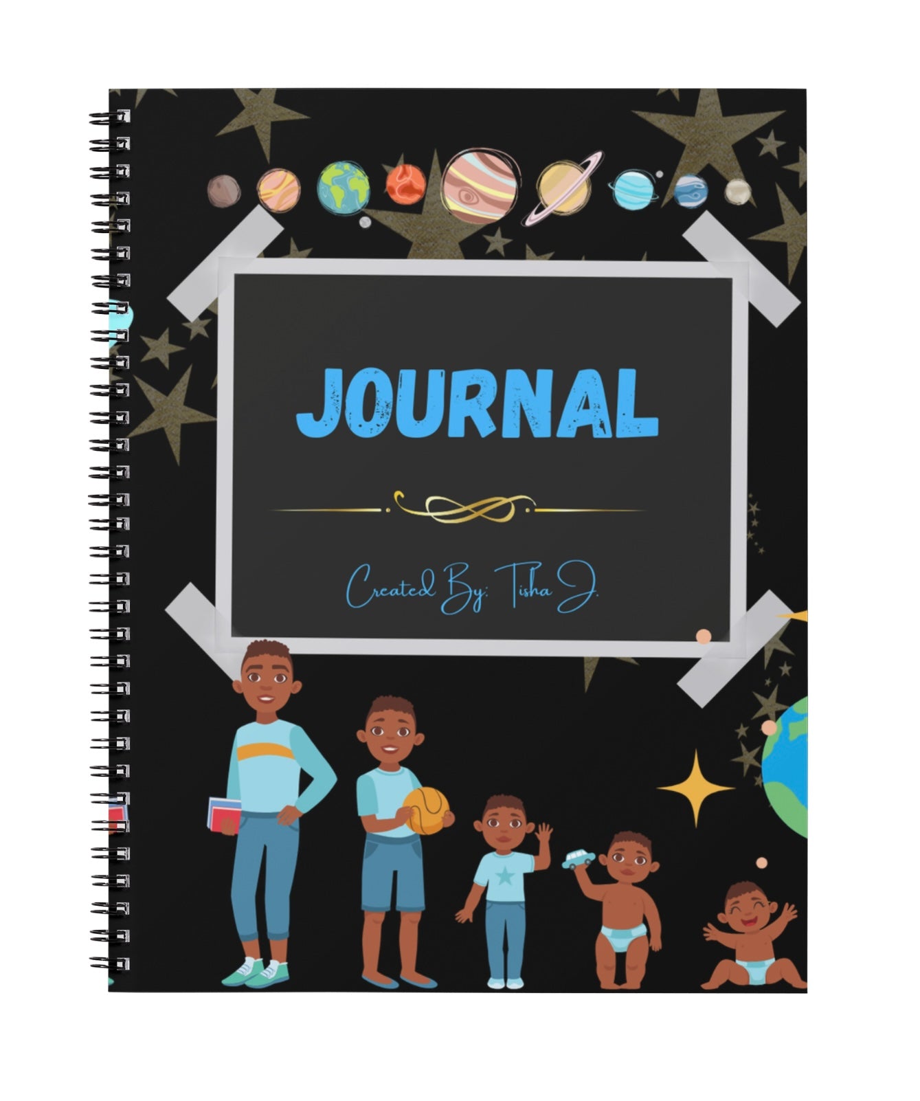Journal with space-themed cover featuring planets, stars, and illustrations of children.