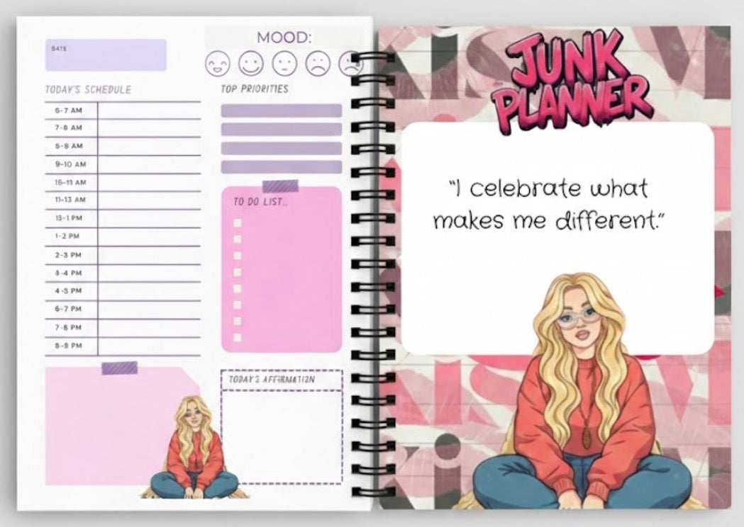 Planner with cartoon character and text 'Junk Planner' on a pink background