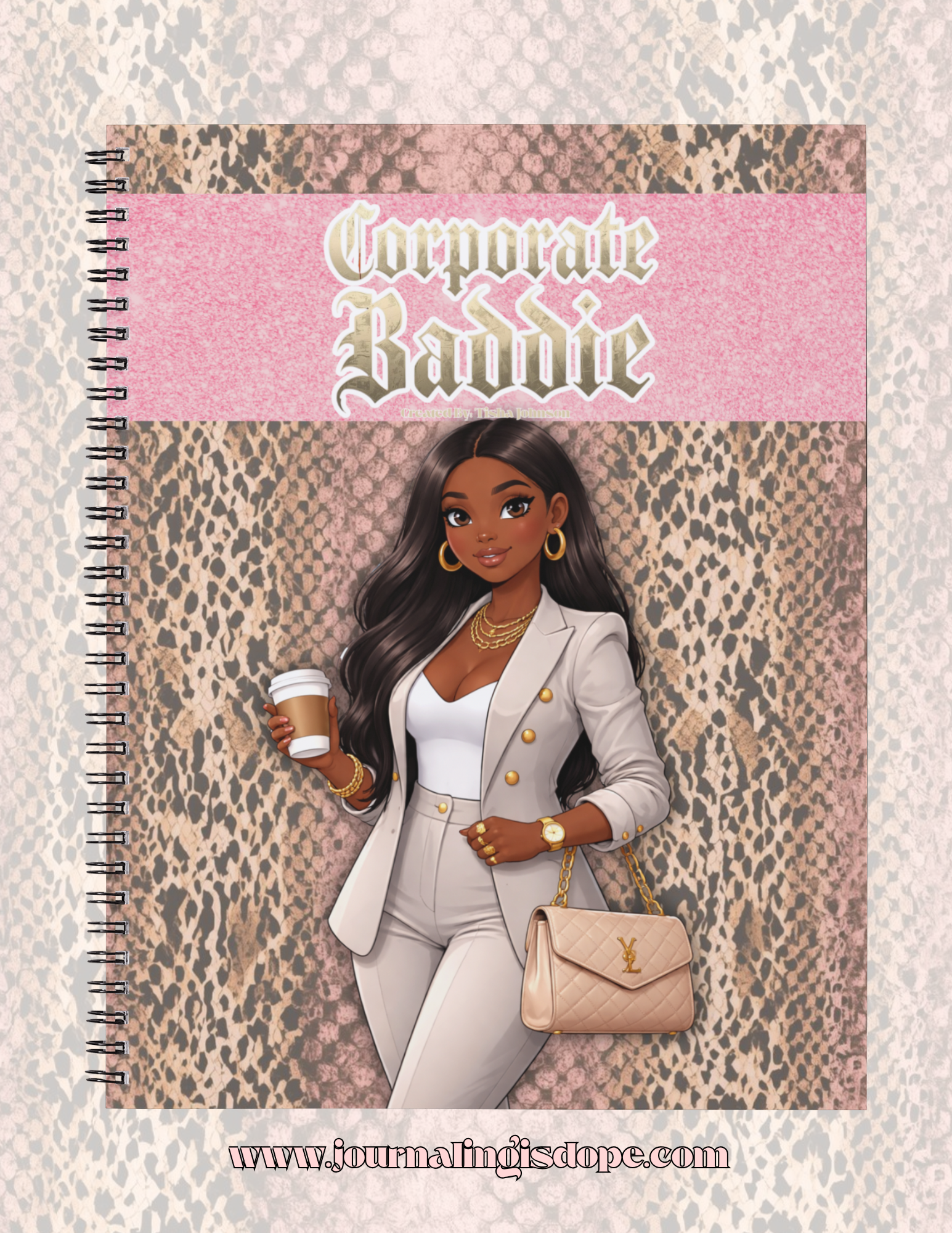 Notebook cover with illustration of a woman holding a coffee cup and a handbag, titled 'Corporate Baddie' on a leopard print background.