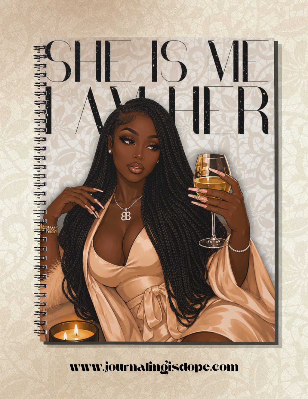 Notebook cover with an illustration of a woman holding a glass of wine, text 'SHE IS ME ANOTHER', and a website URL.