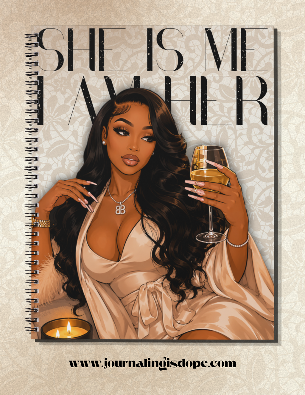 Spiral-bound notebook with a woman holding a glass of wine and 'She is Me, I am Her' text on the cover.