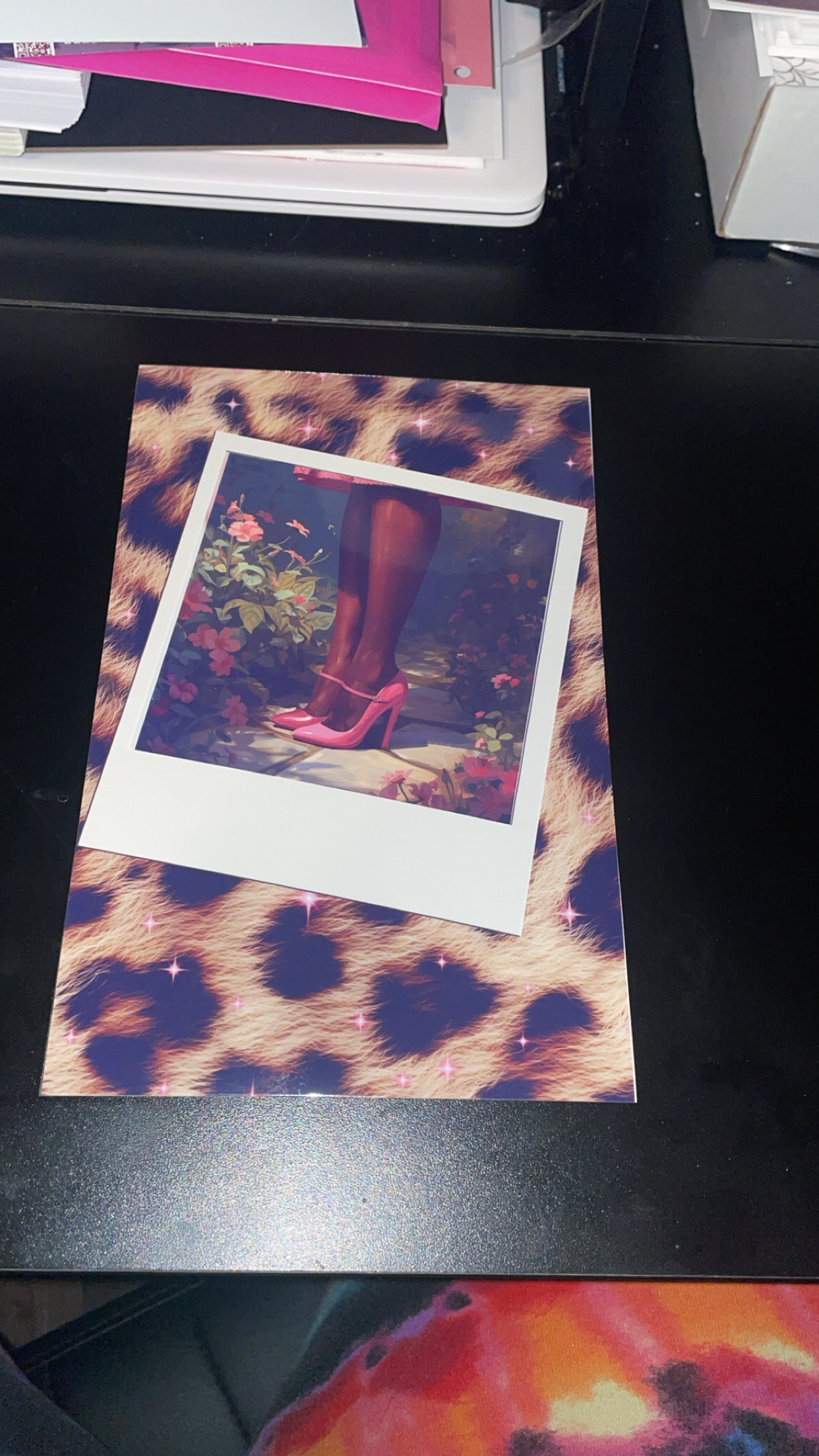 Polaroid photo of a red high heel shoe on a leopard print surface