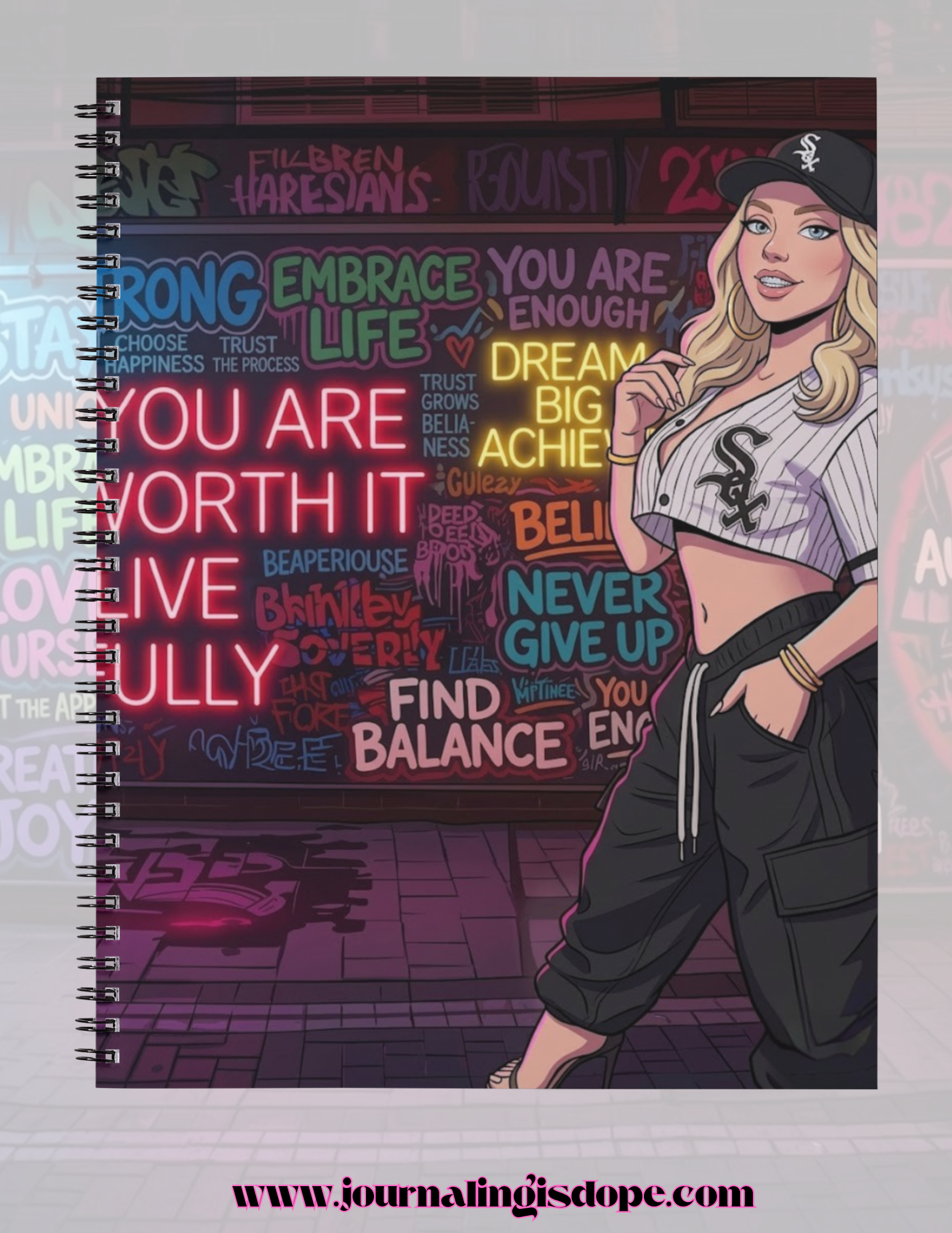 Notebook cover with an illustration of a woman and motivational phrases on a dark background