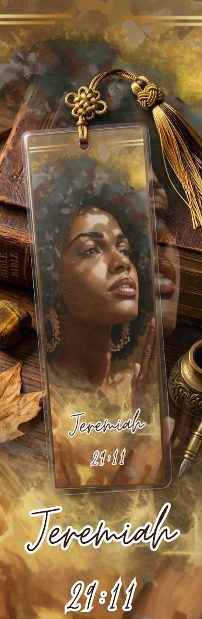 Bookmark with a portrait of a woman and the name 'Jeremiah' on a decorative background.