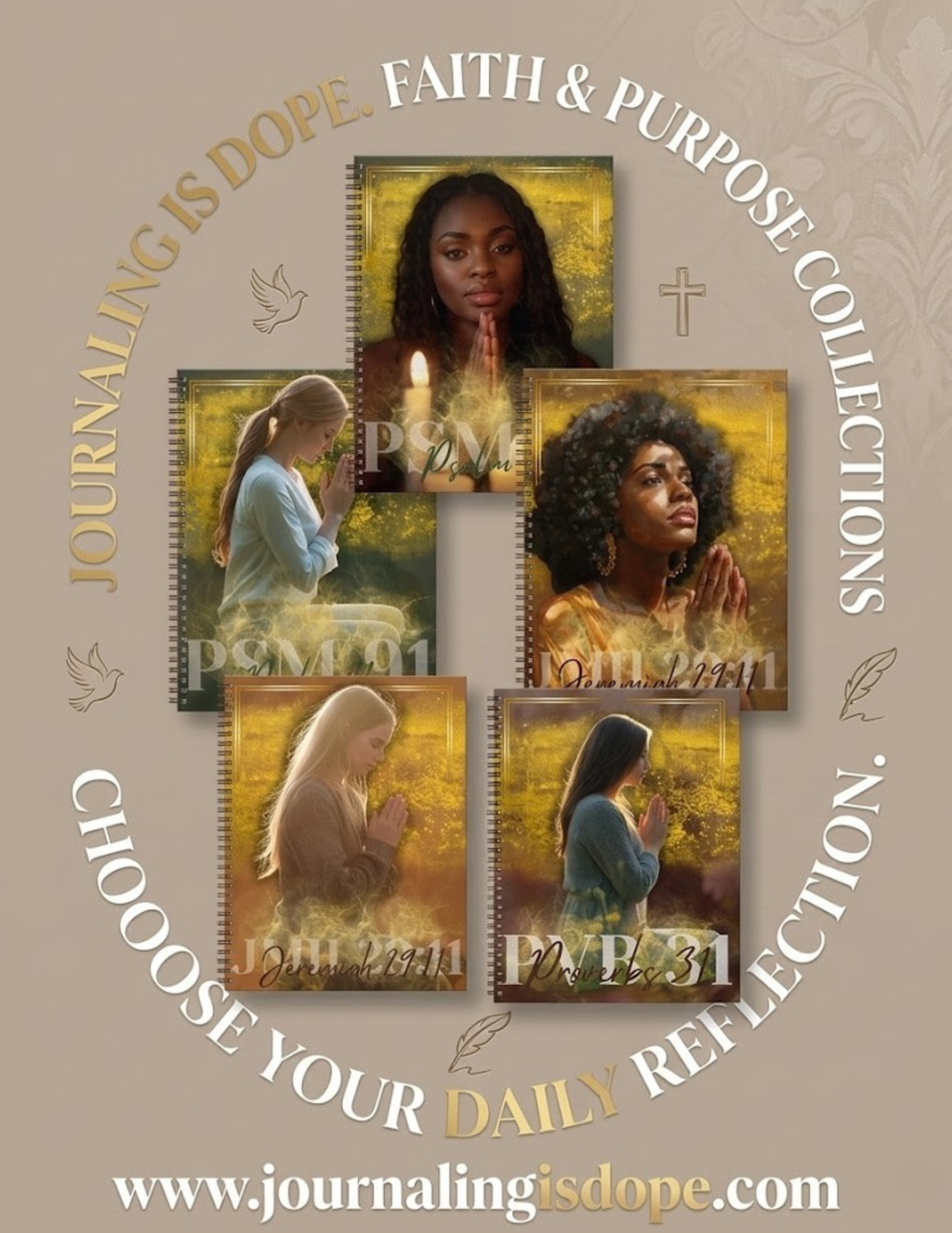 Collection of journals with artistic illustrations on a beige background, featuring text about faith, purpose, and daily reflection.