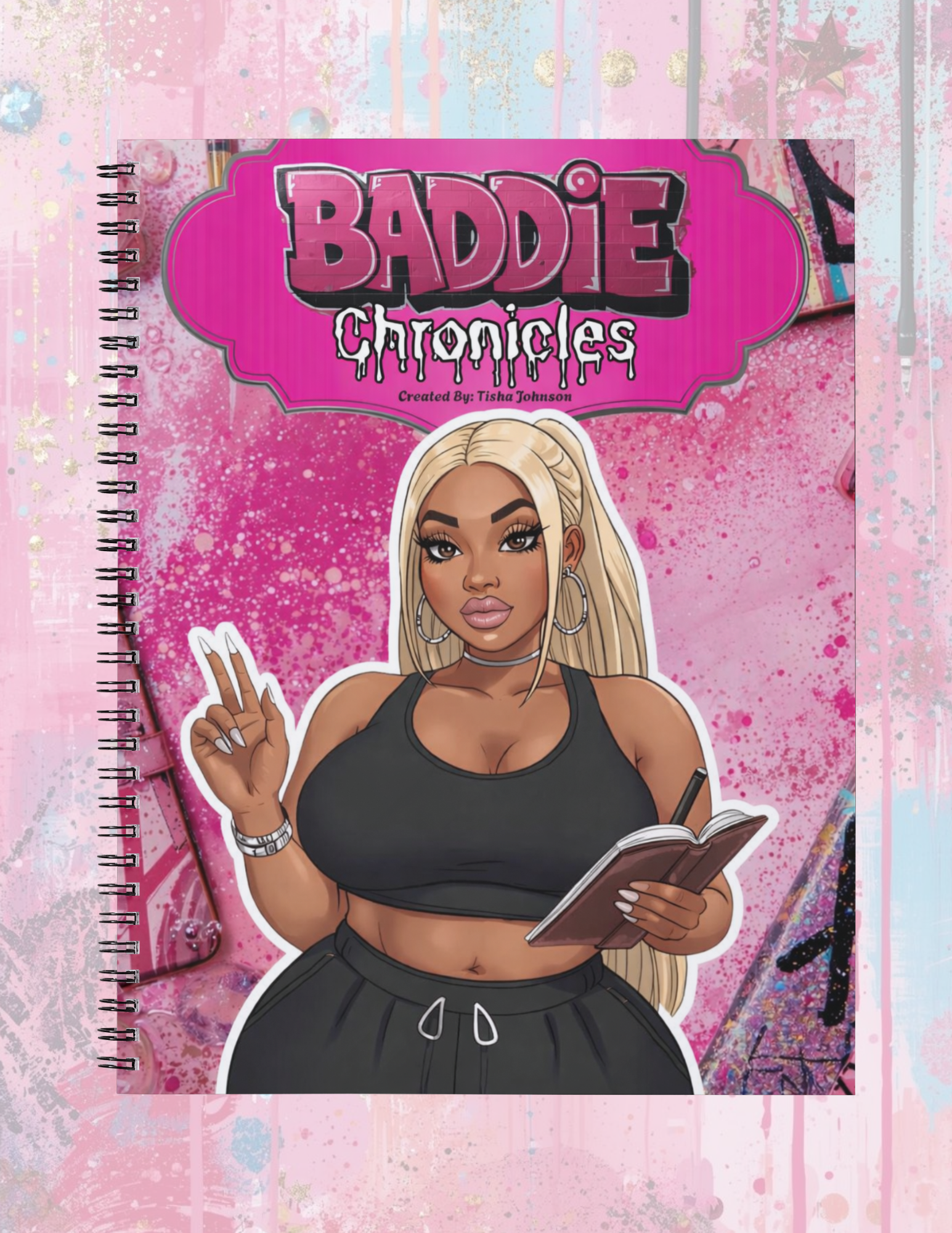 Notebook titled 'Baddie Chronicles' with an illustration of a woman on the cover against a pink and purple gradient background.