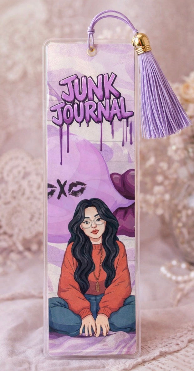 Bookmark with illustration of a person and 'Junk Journal' text on a soft background
