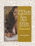Journal titled 'She is Me' with a photo of a woman on the cover, on a textured beige background.