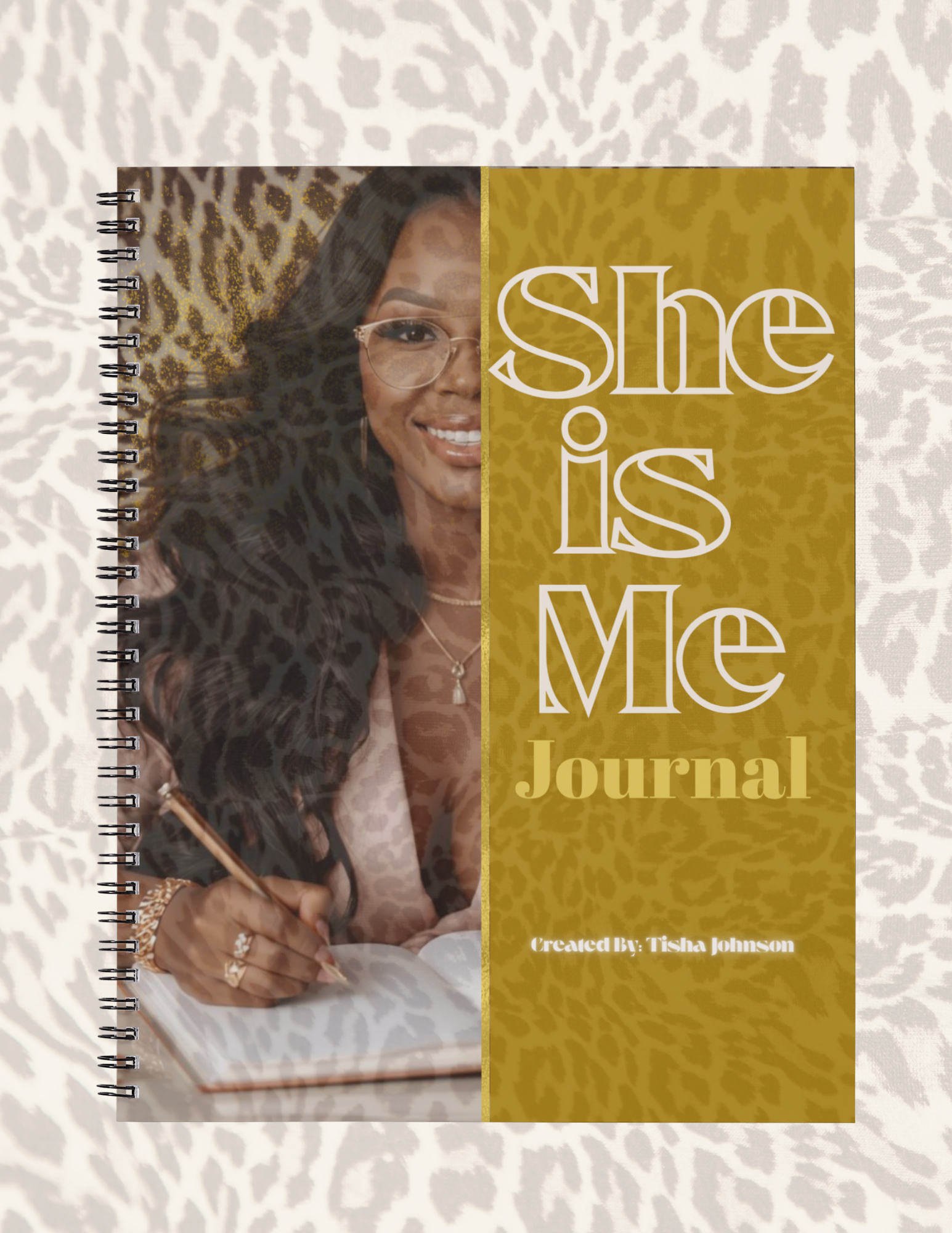 Journal titled 'She is Me' with a photo of a woman on the cover, on a textured beige background.