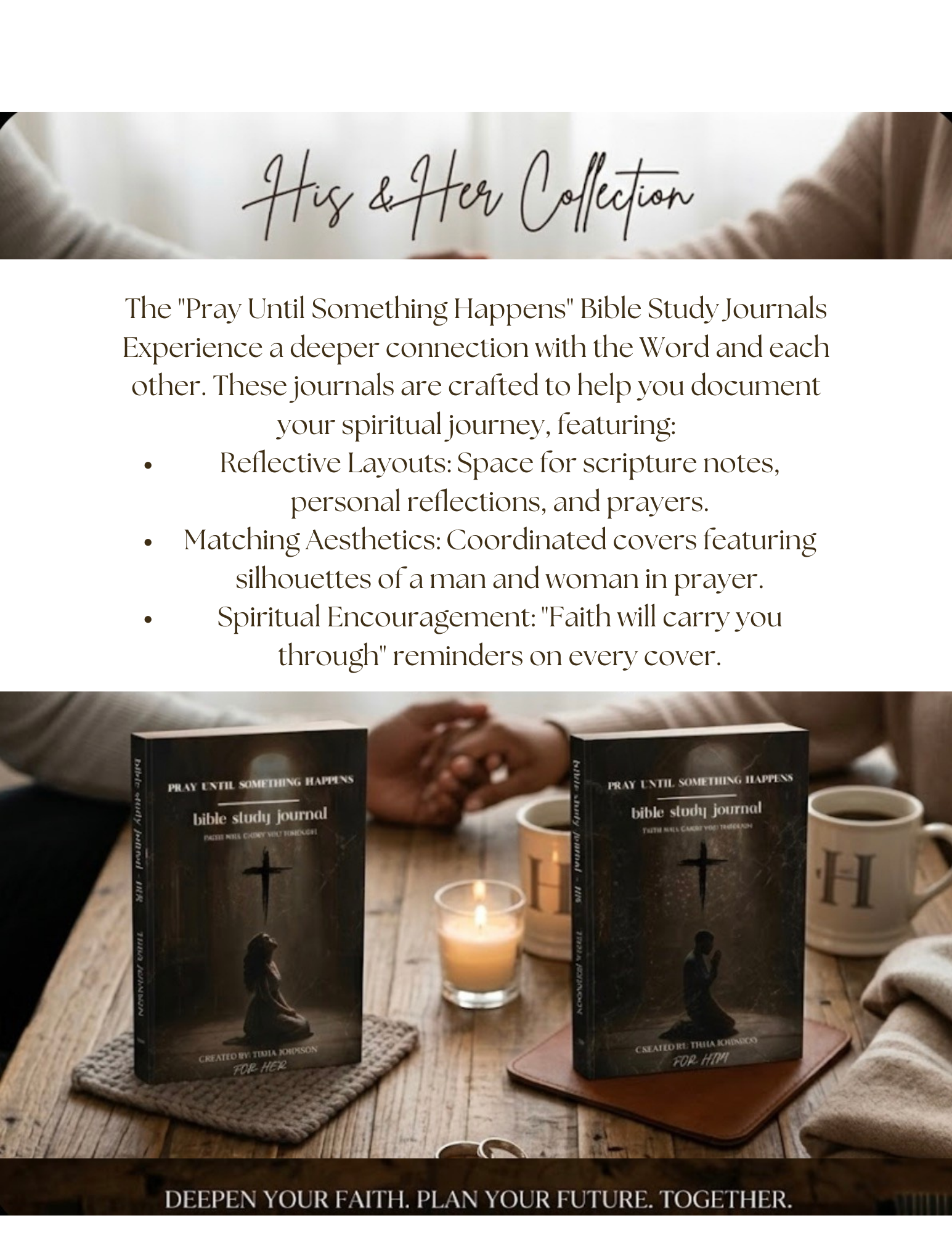 Two Bible Study Journals titled 'His' and 'Her' on a table with a candle and coffee mug.