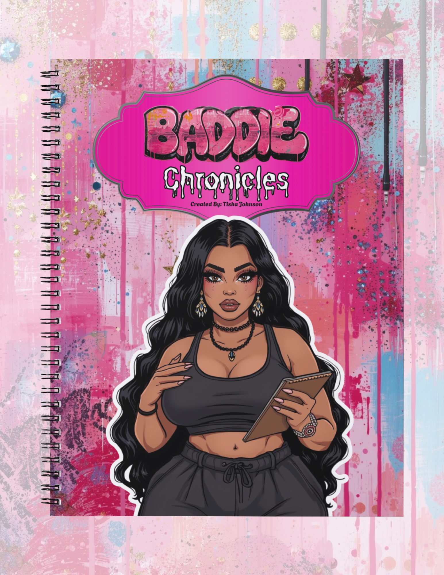 Notebook cover with 'Baddie Chronicles' title and illustration of a woman on a pink and purple abstract background