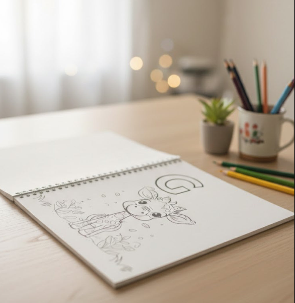 Open notebook with a drawing of a giraffe on a wooden desk with coloring supplies.