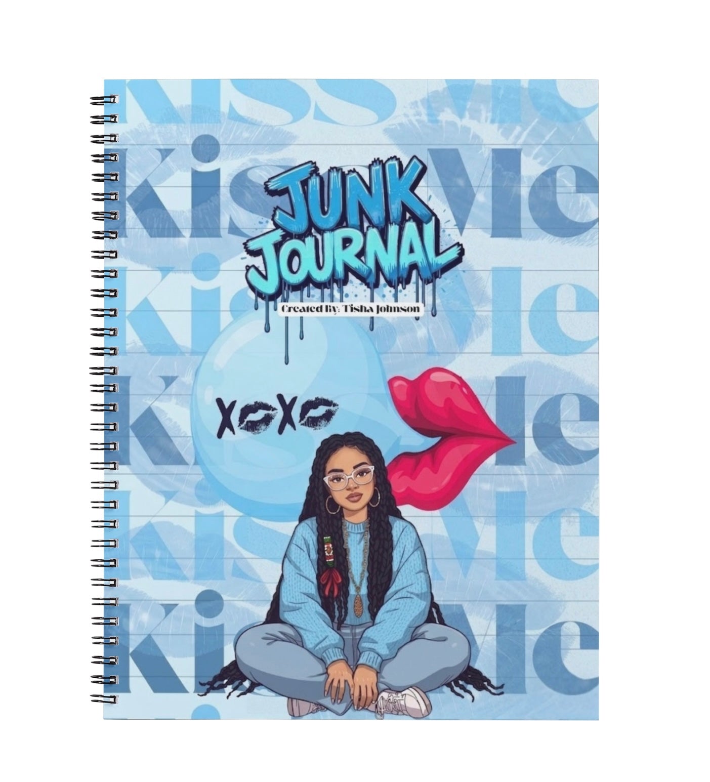Junk Journal with a design of a person sitting and a red lip on a blue background with text.