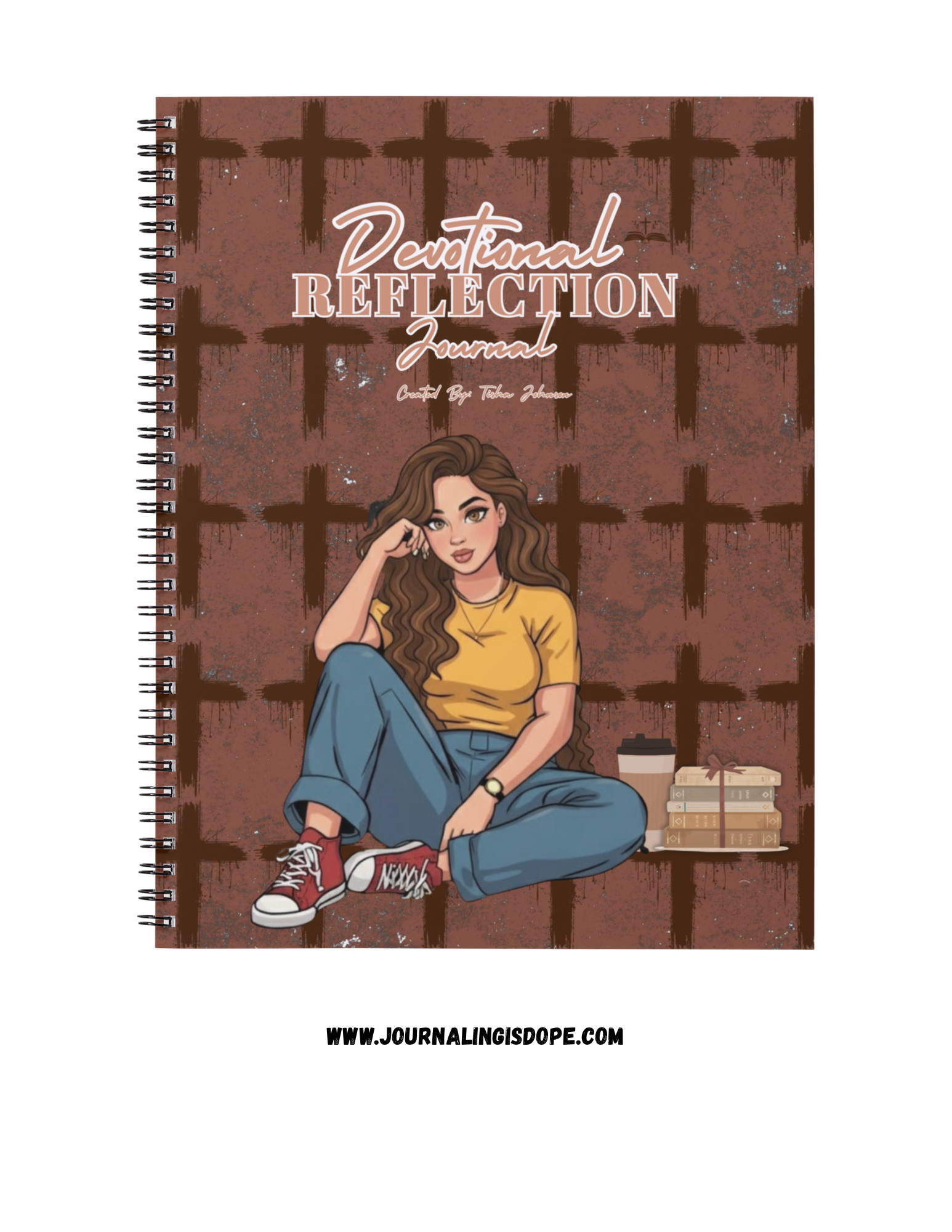 Notebook with a design of a person sitting, text 'Devotional Reflection Journal', and a website URL on a brown background.