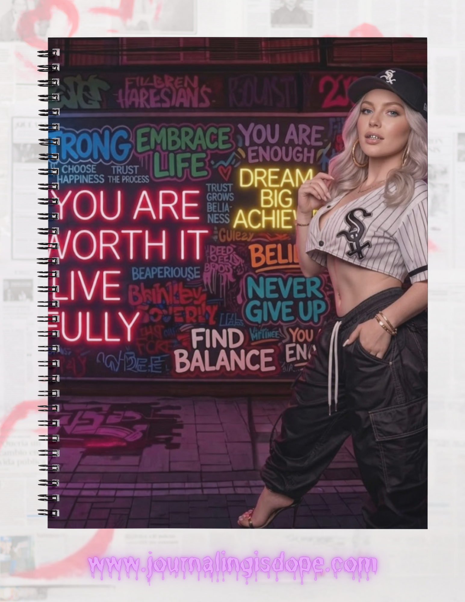 Spiral-bound notebook with motivational phrases and a person leaning against it.