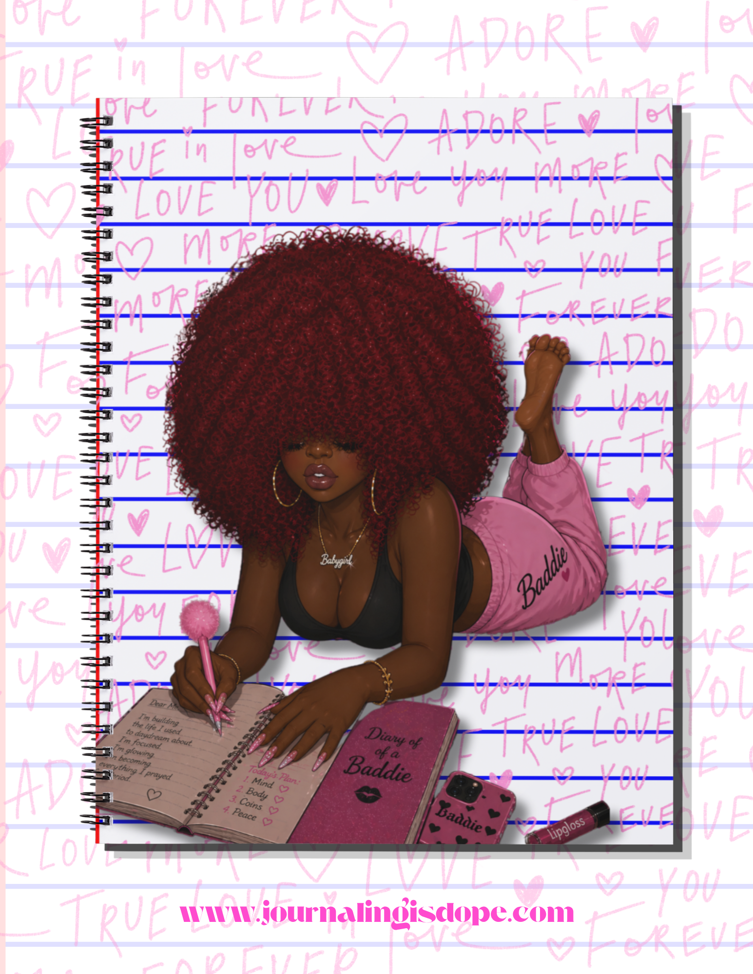 Notebook with a design of a person writing and text on the cover, with 'www.journalingisdope.com' displayed.