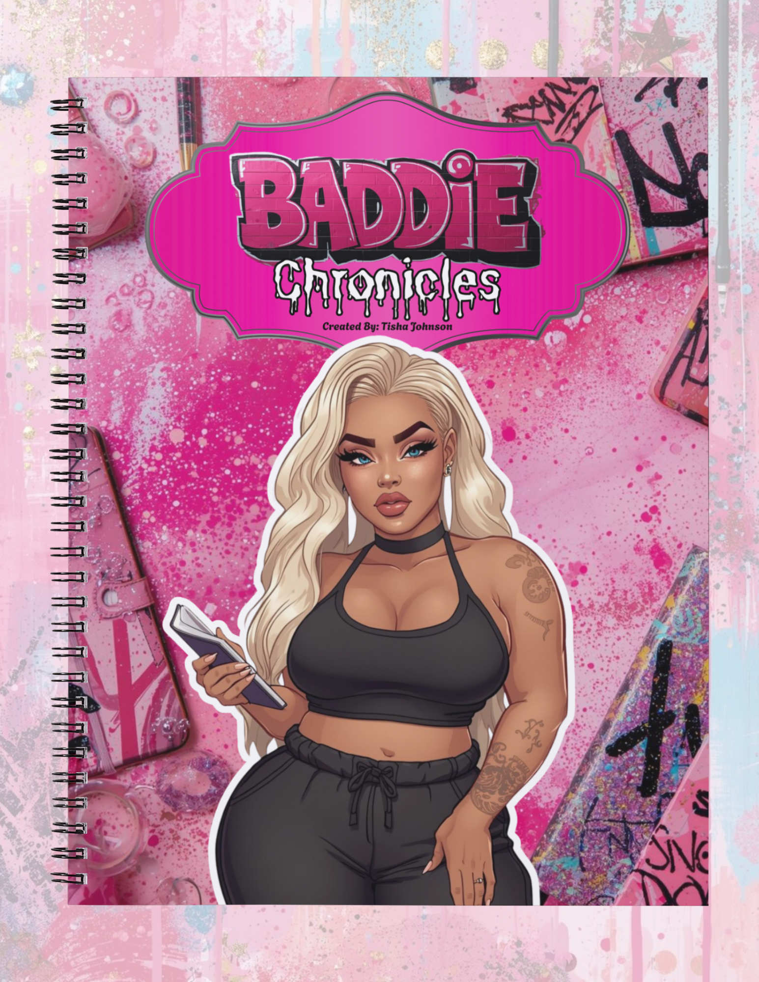 Notebook cover with 'Baddie Chronicles' title and illustration of a woman on a pink background